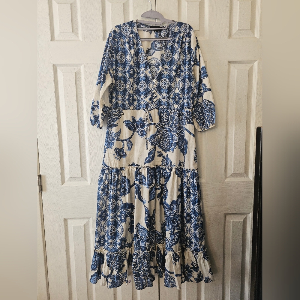 Fifteen Twenty Blue and Cream Patterned Midi Dress